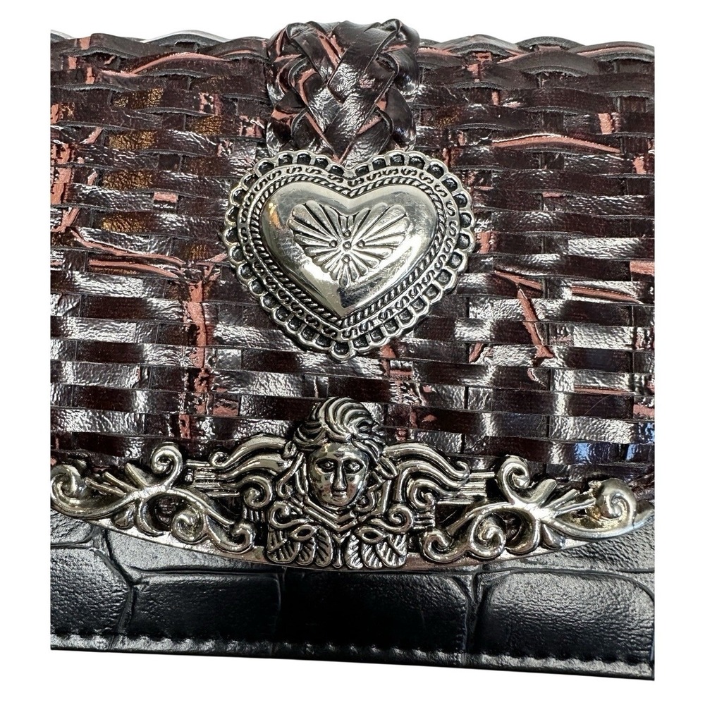 Western Crossbody Wallet Clutch Faux Croc Woven Leather Look Silver Heart Medusa - Picture 6 of 16